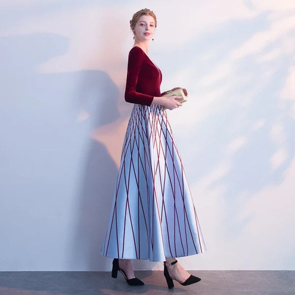 Chic / Belle Bordeaux Robe De Soirée 2018 Princesse Rayé V-Cou Manches Longues Longueur Cheville Robe De Ceremonie