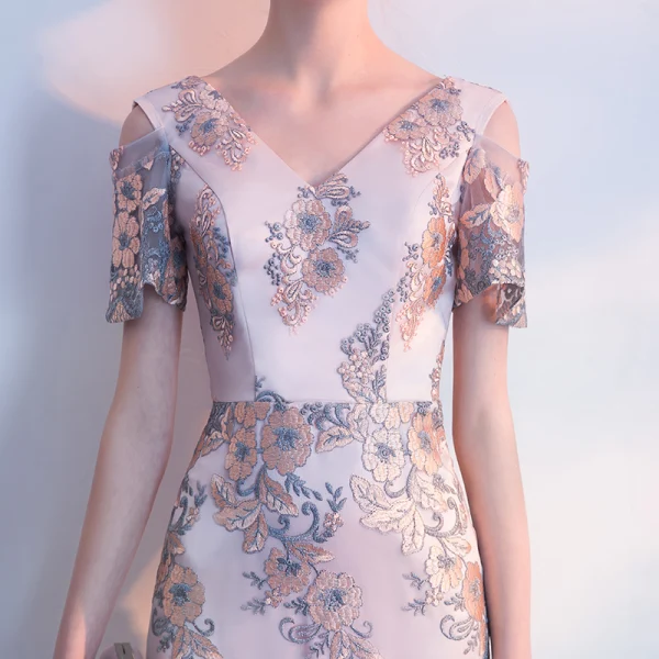 Chic / Beautiful Gold Evening Dresses  2018 Trumpet / Mermaid Sash Embroidered V-Neck Backless Short Sleeve Floor-Length / Long Formal Dresses