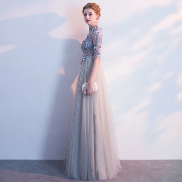 Elegant Evening Dresses 2018 Empire Lace Flower Appliques Pearl Scoop Neck Backless 1/2 Sleeves Floor-Length / Long Formal Dresses
