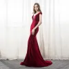 Chic / Beautiful Burgundy Evening Dresses  2018 Trumpet / Mermaid V-Neck Backless Court Train Formal Dresses