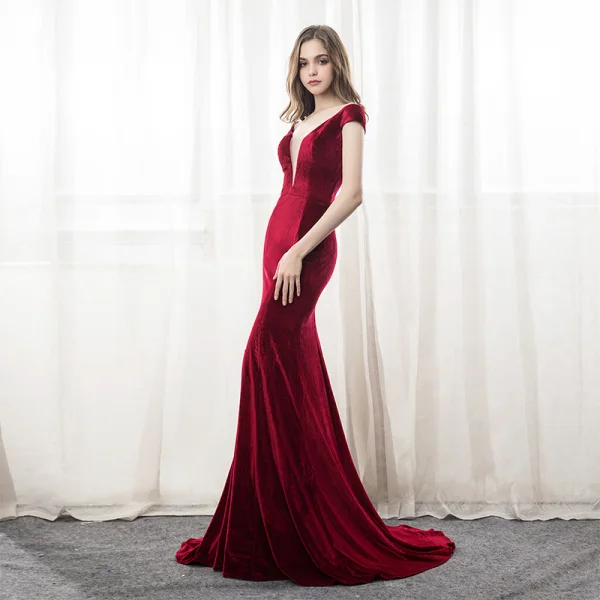 fitted lace wedding dress Mermaid Burgundy Sexy Deep V neck Bodycon Evening Dress Backless Prom Dress main image 1