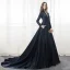 Chic / Belle Bleu Marine Robe De Soirée 2018 Princesse Perlage Paillettes Col Haut Manches Longues Chapel Train Robe De Ceremonie