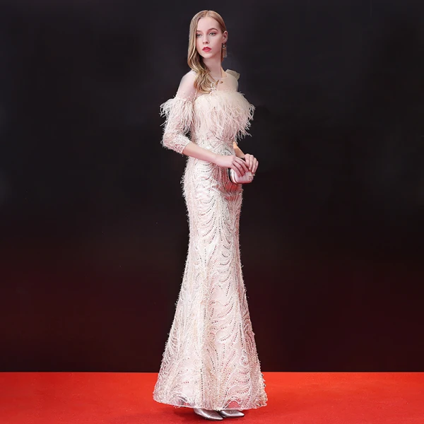 Élégant Champagne Robe De Soirée 2018 Trompette / Sirène Paillettes Plumes Gland Encolure Dégagée Dos Nu 3/4 Manches Longueur Cheville Robe De Ceremonie