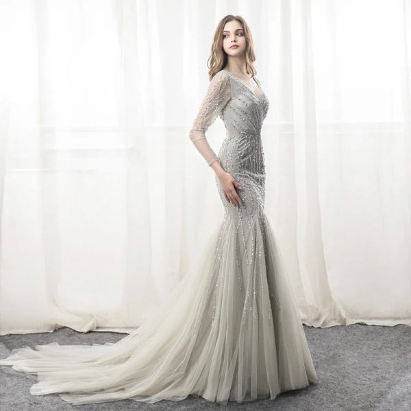 Luxury / Gorgeous Grey Evening Dresses  2018 Trumpet / Mermaid Beading Sequins V-Neck Backless Long Sleeve Chapel Train Formal Dresses