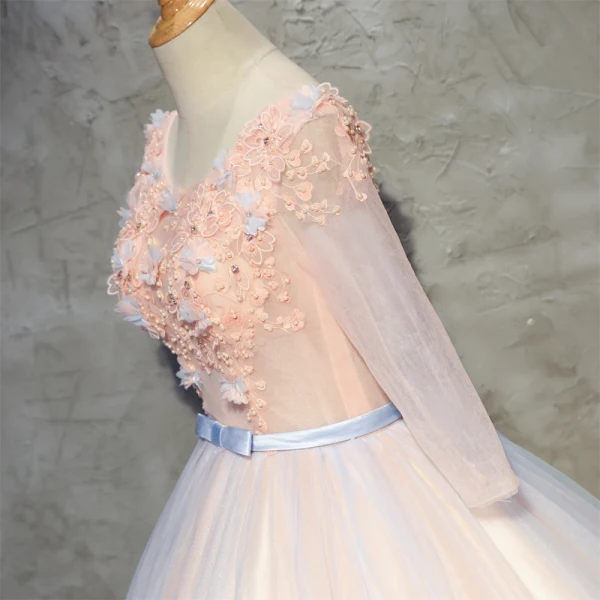Chic / Beautiful Pearl Pink Prom Dresses 2018 Ball Gown Appliques Pearl Scoop Neck Backless 3/4 Sleeve Floor-Length / Long Formal Dresses