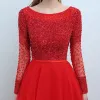 Chic / Beautiful Red Prom Dresses 2018 A-Line / Princess Beading Sequins Sash Scoop Neck Backless Long Sleeve Court Train Formal Dresses