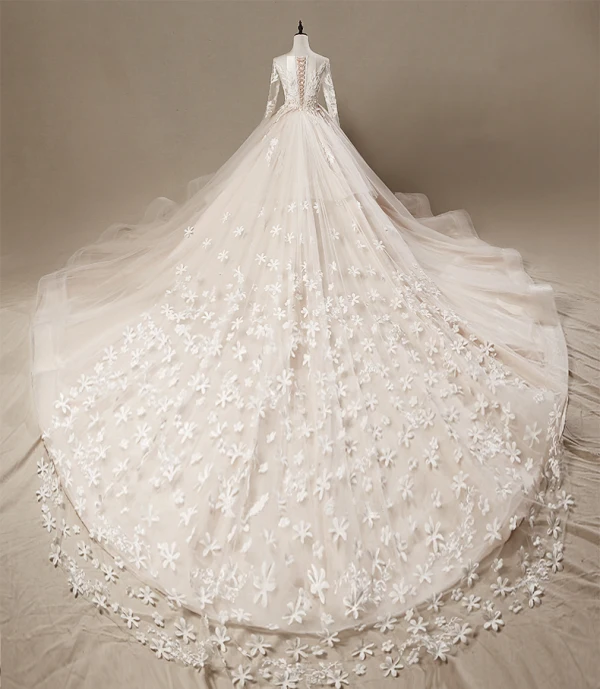 Moderne / Mode Robe De Mariée 2018 Robe Boule En Dentelle Appliques Brodé Paillettes Encolure Dégagée 3/4 Manches Royal Train Mariage