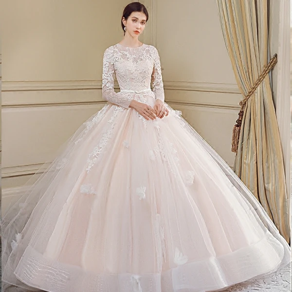 Chic / Beautiful Champagne Wedding Dresses 2018 Ball Gown Appliques Bow Scoop Neck Long Sleeve Royal Train Wedding