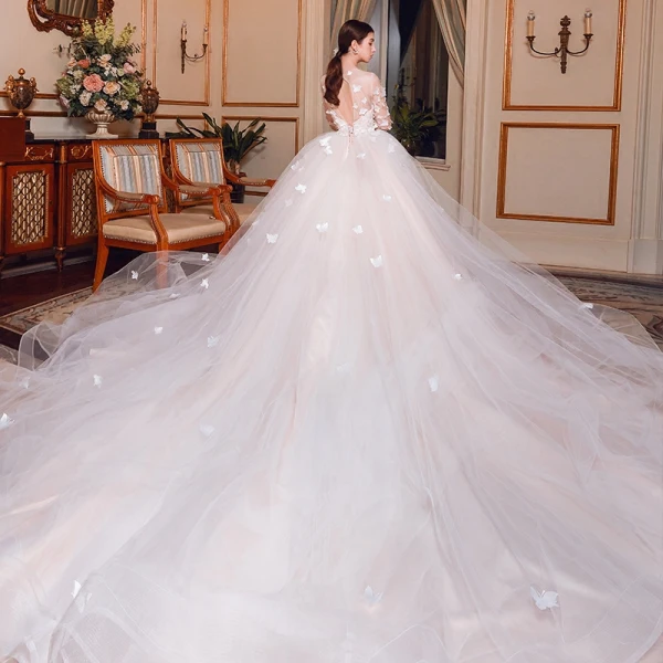 Chic / Beautiful Champagne Wedding Dresses 2018 Ball Gown Butterfly Scoop Neck Backless 1/2 Sleeves Royal Train Wedding