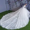 Stunning Ivory Wedding Dresses 2018 Ball Gown Lace Appliques Pearl Off-The-Shoulder Backless Sleeveless Royal Train Wedding