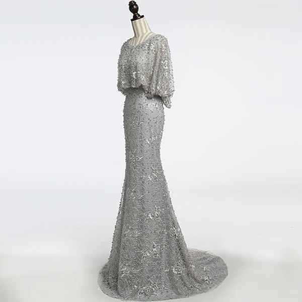 Chic / Beautiful Grey Evening Dresses 2018 Trumpet / Mermaid Beading Scoop Neck 1/2 Sleeves Sweep Train Formal Dresses