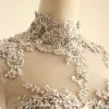 Chic / Beautiful Chinese style Grey Evening Dresses  2018 A-Line / Princess Lace Flower Beading Crystal Sequins High Neck Backless Sleeveless Sweep Train