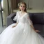 Schöne Ivory / Creme Brautkleider 2018 Ballkleid Mit Spitze Applikationen V-Ausschnitt Rückenfreies 1/2 Ärmel Kapelle-Schleppe Hochzeit