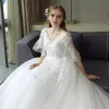 Chic / Beautiful Ivory Wedding Dresses 2018 Ball Gown Lace Appliques V-Neck Backless 1/2 Sleeves Chapel Train Wedding
