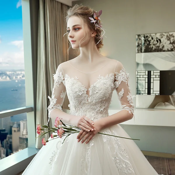 Chic / Beautiful White Wedding Dresses 2018 Ball Gown Lace Appliques Pearl Scoop Neck Backless 1/2 Sleeves Royal Train Wedding