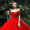 Chic / Beautiful Red Wedding Dresses 2018 Ball Gown Appliques Beading Sequins Off-The-Shoulder Backless Sleeveless Cathedral Train Wedding