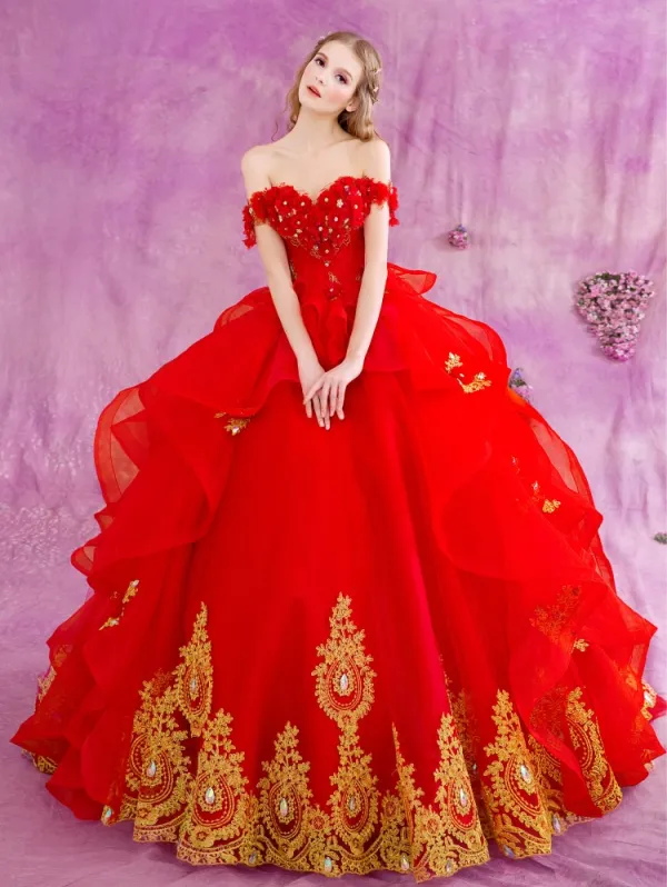 Chic Beautiful Red Gold Cascading Ruffles Wedding Dresses 2018 Ball Gown Appliques Lace