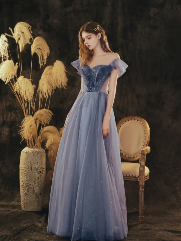 Elegant Ocean Blue Prom Dresses A-Line / Princess 2021 Scoop Neck Rhinestone Sequins Short Sleeve Backless Floor-Length / Long Formal Dresses