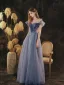 Elegant Ocean Blue Prom Dresses A-Line / Princess 2021 Scoop Neck Rhinestone Sequins Short Sleeve Backless Floor-Length / Long Formal Dresses