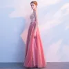 Chic / Beautiful Watermelon Prom Dresses 2018 A-Line / Princess Lace Appliques Pearl One-Shoulder Backless Sleeveless Floor-Length / Long Formal Dresses