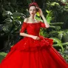 Chic / Beautiful Red Wedding Dresses 2018 Ball Gown Beading Appliques Pearl Sequins Square Neckline Backless Short Sleeve Cathedral Train Wedding