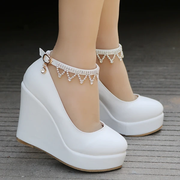 Fine Hvit Casual Damesko 2018 Rhinestone Ankelstropp 9 cm Kilehæl Rund Tå