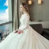 Chic / Beautiful Ivory Wedding Dresses 2018 Ball Gown Lace Appliques Scoop Neck Backless Long Sleeve Royal Train Wedding