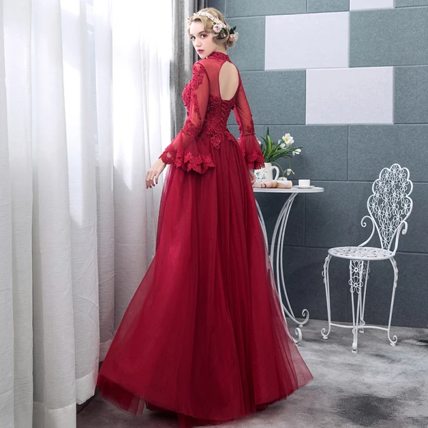 Chic / Belle Bordeaux Robe De Bal 2018 Princesse En Dentelle Appliques Perlage Cristal Encolure Dégagée Dos Nu Manches Longues Longue Robe De Ceremonie