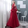 Chic / Beautiful Burgundy Prom Dresses 2018 A-Line / Princess Lace Appliques Beading Crystal Scoop Neck Backless Long Sleeve Floor-Length / Long Formal Dresses