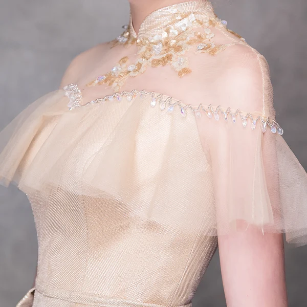 Chic / Belle Robe De Soirée 2018 Trompette / Sirène Appliques Cristal Col Haut Dos Nu Manches Courtes Longue Robe De Ceremonie