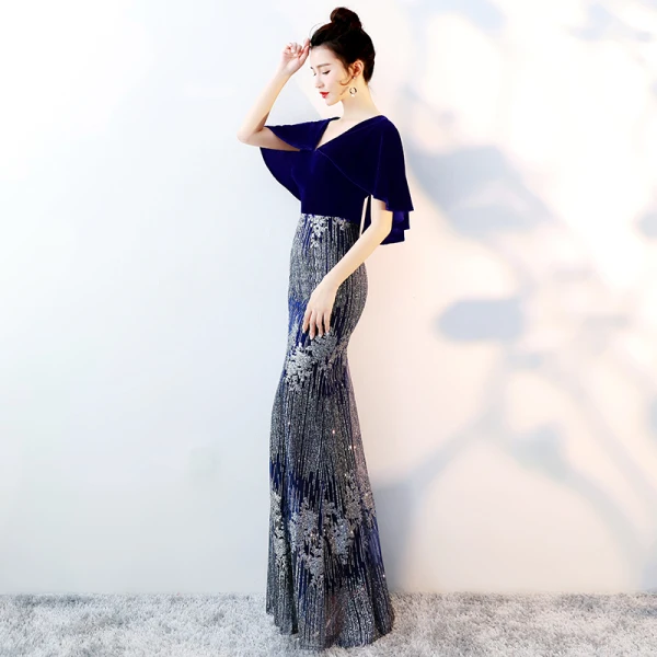 Chic / Beautiful Navy Blue Evening Dresses 2018 Trumpet / Mermaid Glitter V-Neck Short Sleeve Floor-Length / Long Formal Dresses