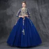 Chic / Beautiful Royal Blue Prom Dresses 2018 Ball Gown Lace Appliques Pearl Sequins Scoop Neck Backless 3/4 Sleeve Floor-Length / Long Formal Dresses
