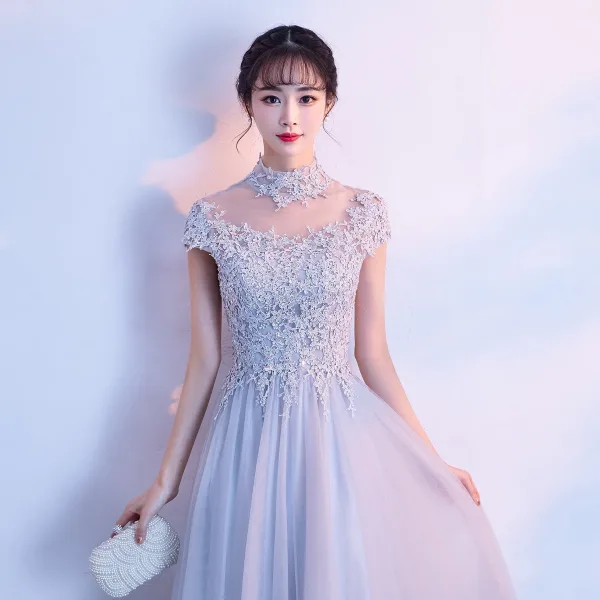 Chinese style Grey Evening Dresses 2018 A-Line / Princess Lace Appliques Beading High Neck Short Sleeve Floor-Length / Long Formal Dresses