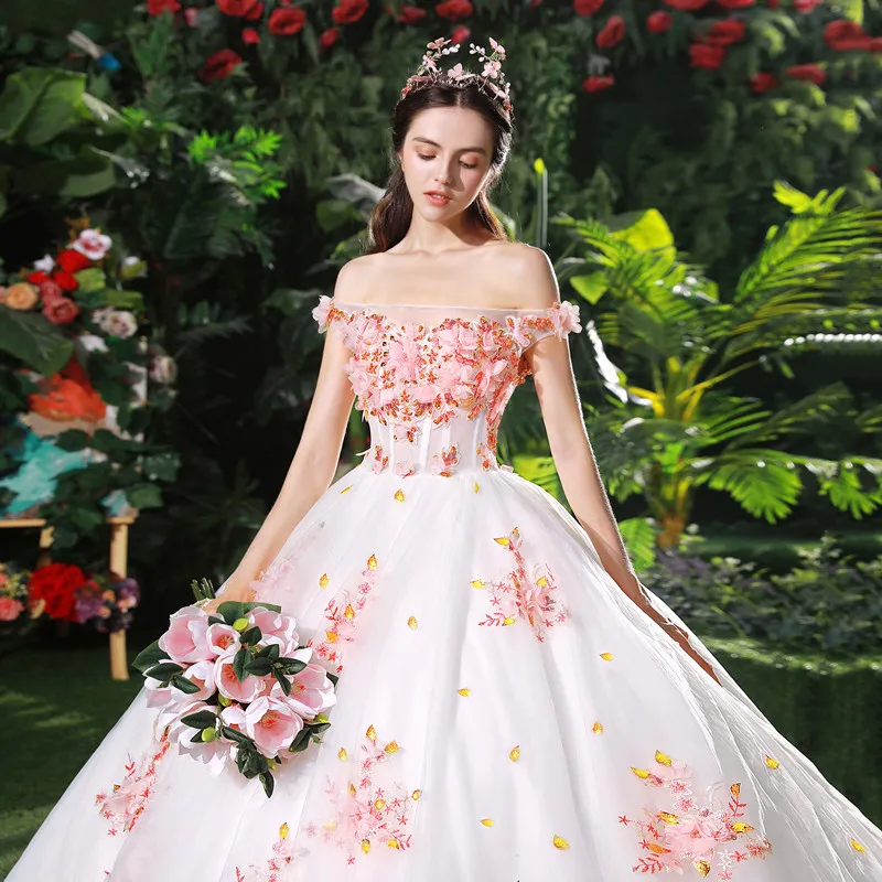 Chic Beautiful White Wedding Dresses 2018 Ball Gown Appliques Pearl Pink  Flower Crystal Pearl Sequins Off The Shoulder Backless Sleeveless Cathedral  Train Wedding