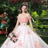 Chic / Beautiful White Wedding Dresses 2018 Ball Gown Appliques Pearl Pink Flower Crystal Pearl Sequins Off-The-Shoulder Backless Sleeveless Cathedral Train Wedding