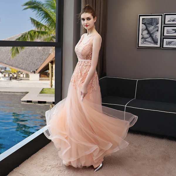 Chic / Beautiful Evening Dresses 2018 A-Line / Princess Lace Appliques Sash V-Neck Backless Sleeveless Floor-Length / Long Formal Dresses