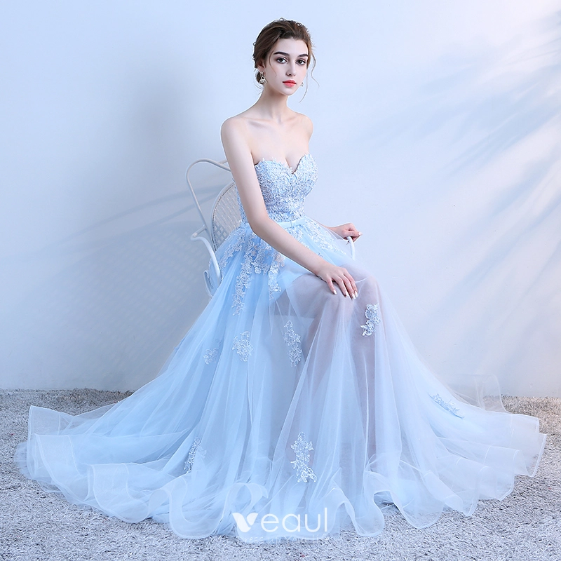 Chic Beautiful Sky Blue Prom Dresses 2018 A Line Princess Lace