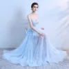 Chic / Beautiful Sky Blue Prom Dresses 2018 A-Line / Princess Lace Appliques Sash Sweetheart Backless Sleeveless See-through Floor-Length / Long Formal Dresses