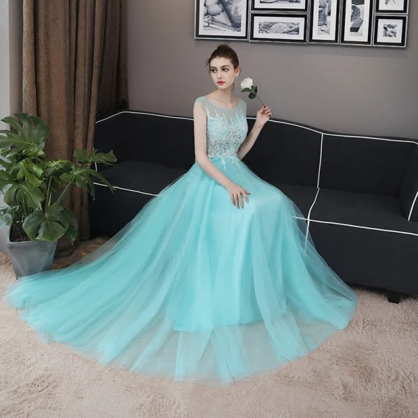 Chic / Beautiful Pool Blue Evening Dresses 2018 A-Line / Princess Lace Appliques Scoop Neck Backless Sleeveless Floor-Length / Long Formal Dresses