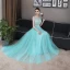 Chic / Beautiful Pool Blue Evening Dresses  2018 A-Line / Princess Lace Appliques Scoop Neck Backless Sleeveless Floor-Length / Long Formal Dresses