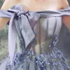 Elegant Lavender Prom Dresses 2018 Ball Gown Appliques Bow Off-The-Shoulder Backless Sleeveless Court Train Formal Dresses