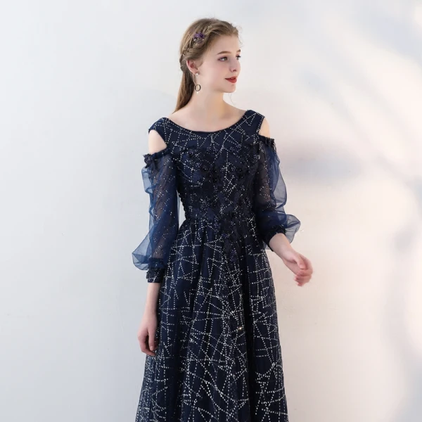 Chic / Belle Bleu Marine Robe De Soirée 2018 Princesse Dentelle Appliques Perlage Paillettes Encolure Dégagée Dos Nu Bustier 3/4 Manches Longue Robe De Ceremonie