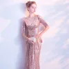 Sparkly Blushing Pink Gold Evening Dresses  2018 A-Line / Princess Sequins V-Neck Backless 1/2 Sleeves Floor-Length / Long Formal Dresses