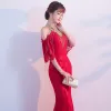 Chic / Beautiful Red Evening Dresses  2018 Trumpet / Mermaid Tassel Strapless Sleeveless Floor-Length / Long Formal Dresses