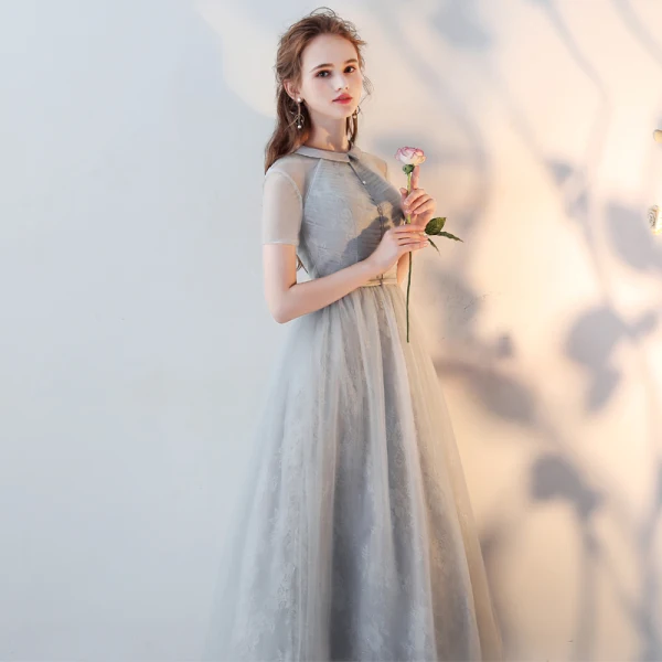 Chic / Beautiful Grey Homecoming Graduation Dresses 2018 A-Line / Princess Scoop Neck Short Sleeve Tea-length Formal Dresses
