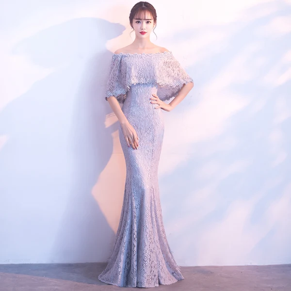 Chic / Belle Gris Robe De Soirée 2018 Trompette / Sirène En Dentelle Fleur De l'épaule Dos Nu 1/2 Manches Longue Robe De Ceremonie