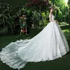 Stunning White Wedding Dresses 2018 Ball Gown Lace Appliques Beading Scoop Neck Backless Sleeveless Royal Train Wedding