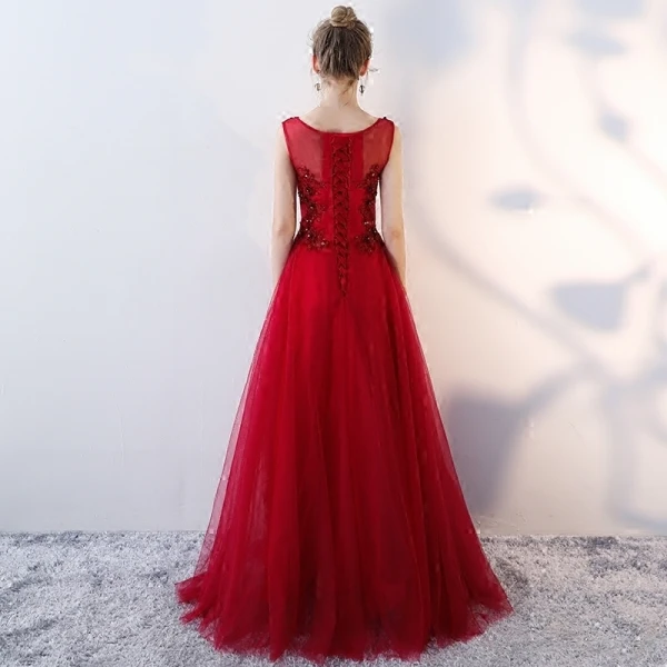Chic / Belle Robe De Soirée 2018 Princesse En Dentelle Appliques Paillettes Faux Diamant Encolure Dégagée Sans Manches Longue Robe De Ceremonie