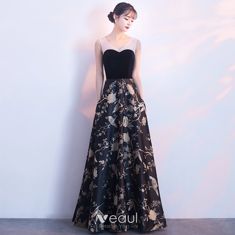 Elegant Black Gold Evening Dresses 2018 A-Line / Princess Embroidered  V-Neck Backless Sleeveless Floor-Length / Long Formal Dresses