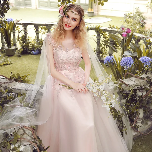 Elegant Evening Dresses 2018 A-Line / Princess Lace Flower Appliques Pearl Scoop Neck Backless Sleeveless Floor-Length / Long Formal Dresses